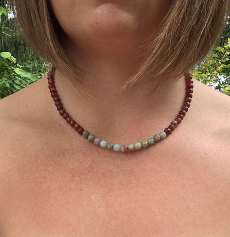 African Opal Necklace, Blue, Rust, Tan Natural Stone Jewelry