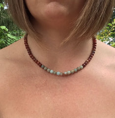 African Opal Necklace, Blue, Rust, Tan Natural Stone Jewelry