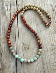 African Opal Necklace, Blue, Rust, Tan Natural Stone Jewelry