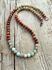 African Opal Necklace, Blue, Rust, Tan Natural Stone Jewelry